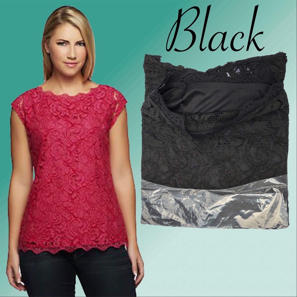 Clinton Kelly Extend Shoulder Scallop Edge Lace Top 1X NWT Black A233172